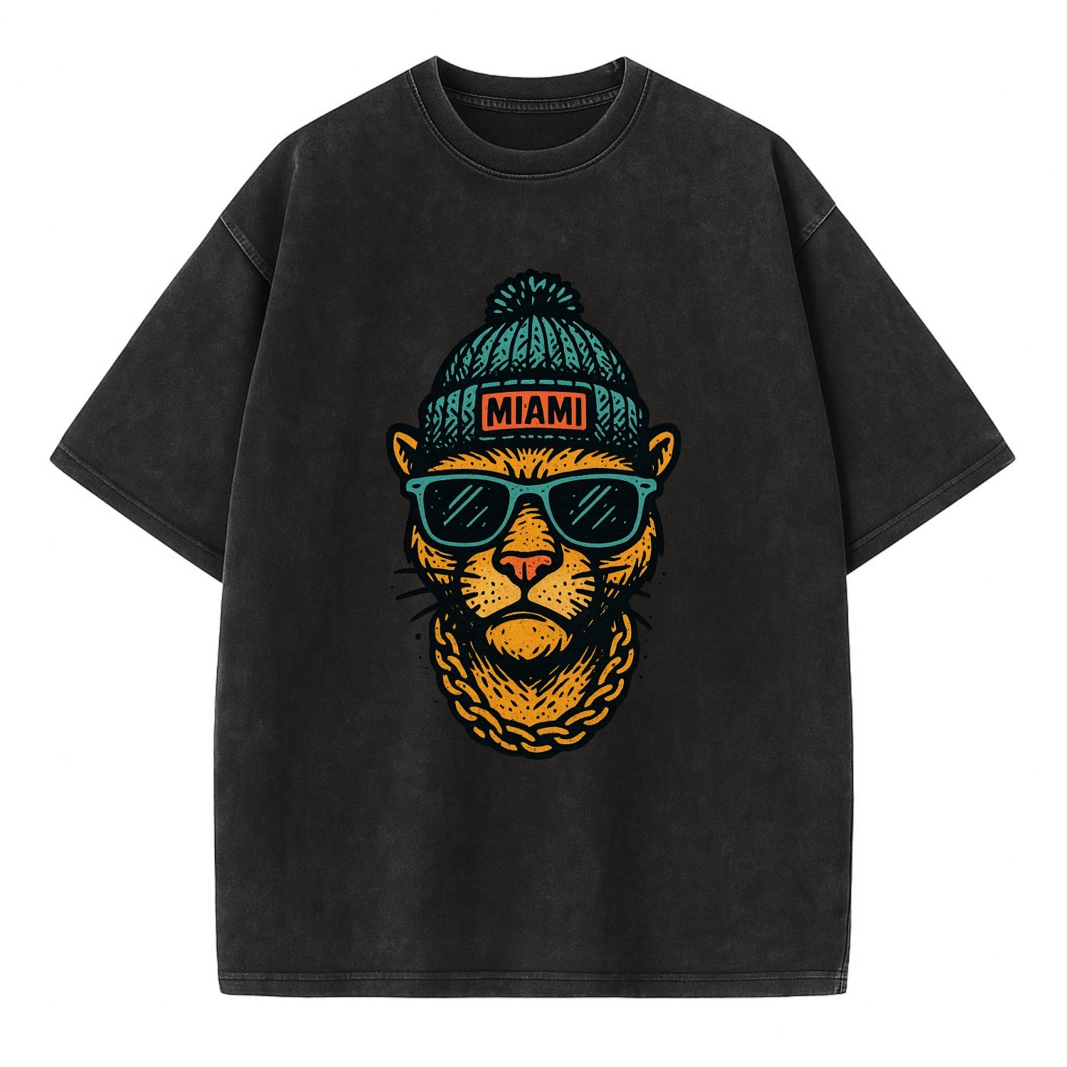 Florida Panther wearing Miami beanie with pom pom and wayfarer sunglasses - Vintage T-shirt - Black