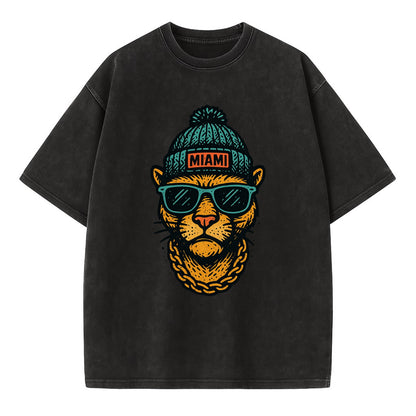 Florida Panther wearing Miami beanie with pom pom and wayfarer sunglasses - Vintage T-shirt - Black
