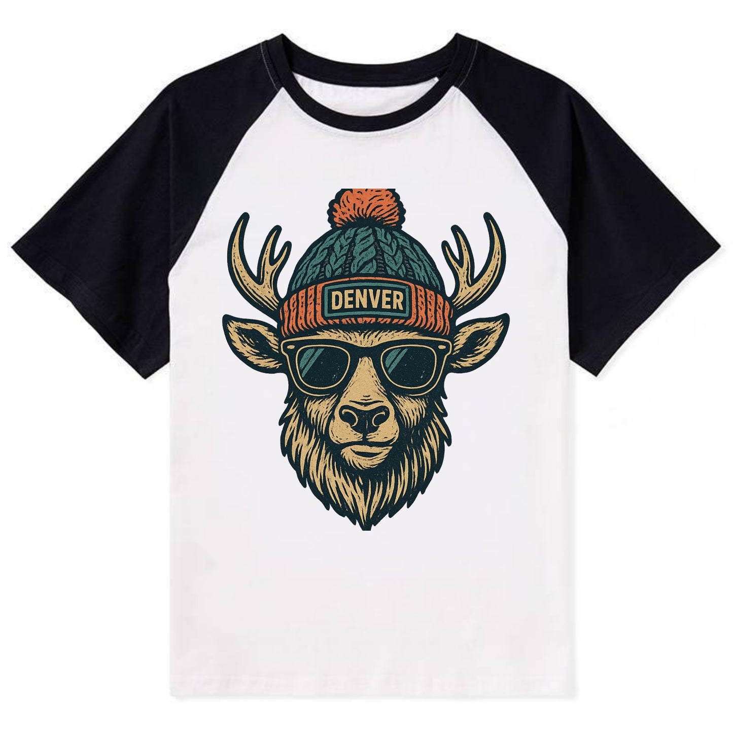 Denver Elk wearing Denver beanie with pom pom and wayfarer sunglasses - Contrast Raglan T-shirt - Black