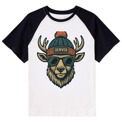 Denver Elk wearing Denver beanie with pom pom and wayfarer sunglasses - Contrast Raglan T-shirt - Black