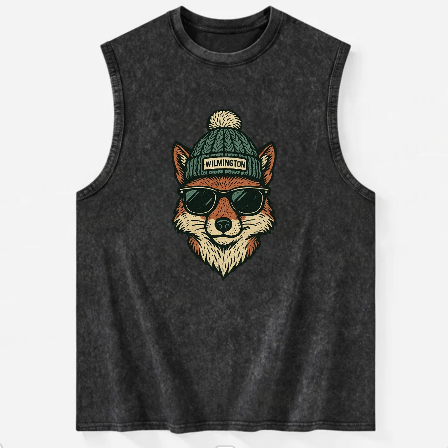 Delaware Gray Fox wearing Wilmington beanie with pom pom and wayfarer - Vintage Washed Tank - Black