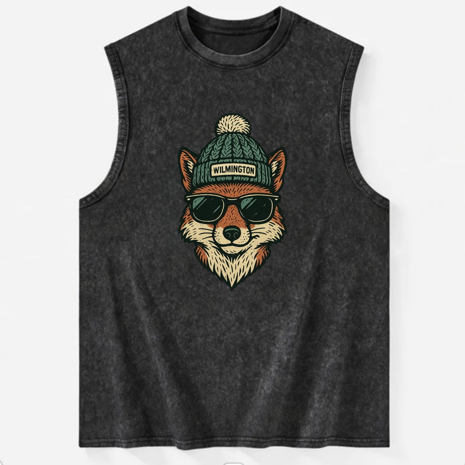 Delaware Gray Fox wearing Wilmington beanie with pom pom and wayfarer - Vintage Washed Tank - Black