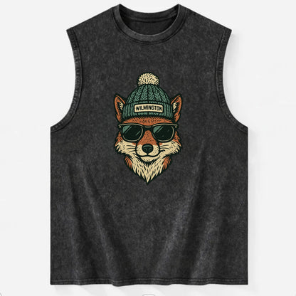 Delaware Gray Fox wearing Wilmington beanie with pom pom and wayfarer - Vintage Washed Tank - Black