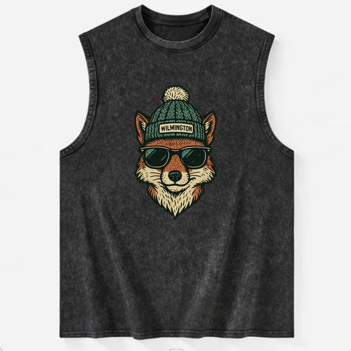 Delaware Gray Fox wearing Wilmington beanie with pom pom and wayfarer - Vintage Washed Tank