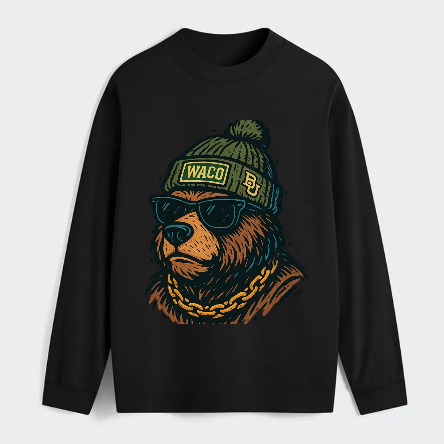 Waco Bear wearing Baylor beanie with BU patch - Classic Long Sleeve Shirt - Black