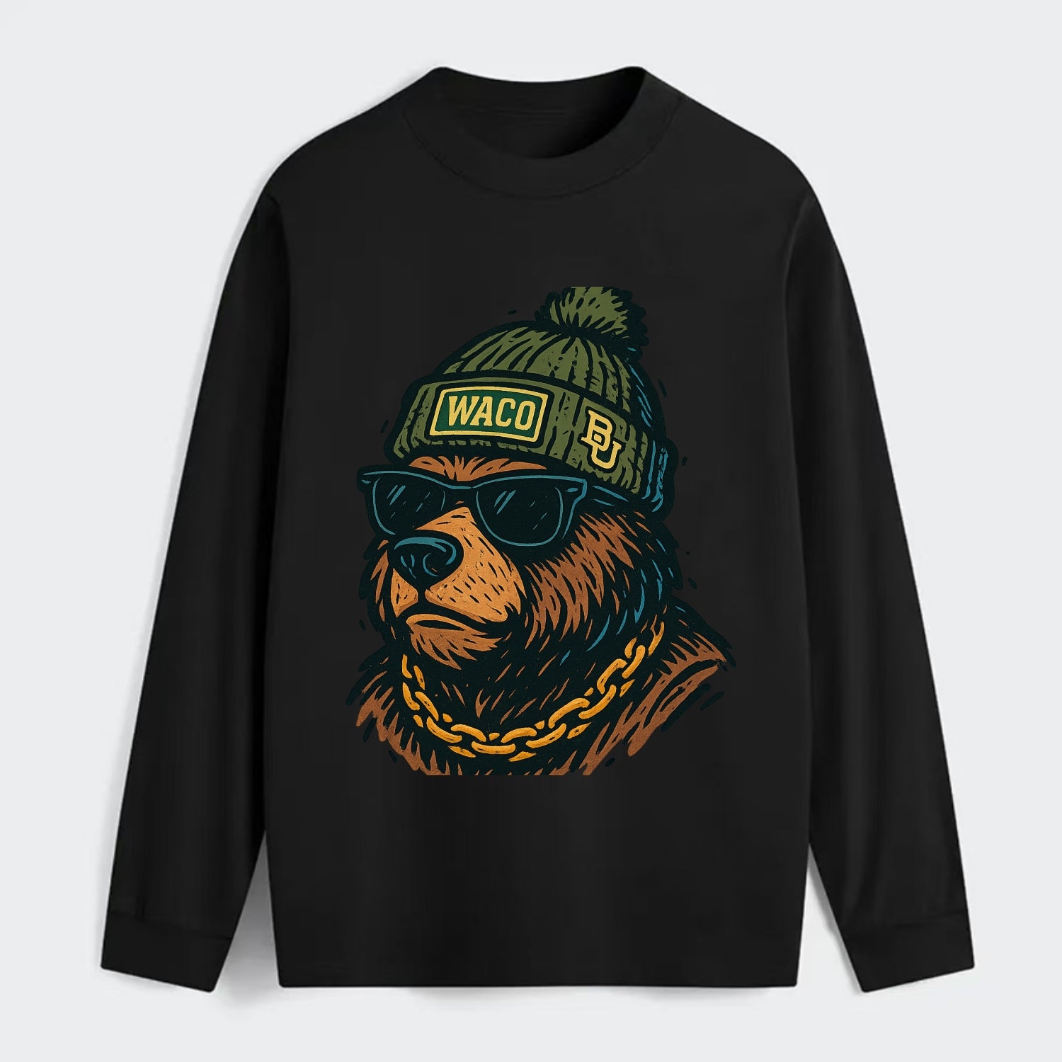 Waco Bear wearing Baylor beanie with BU patch - Classic Long Sleeve Shirt - Black