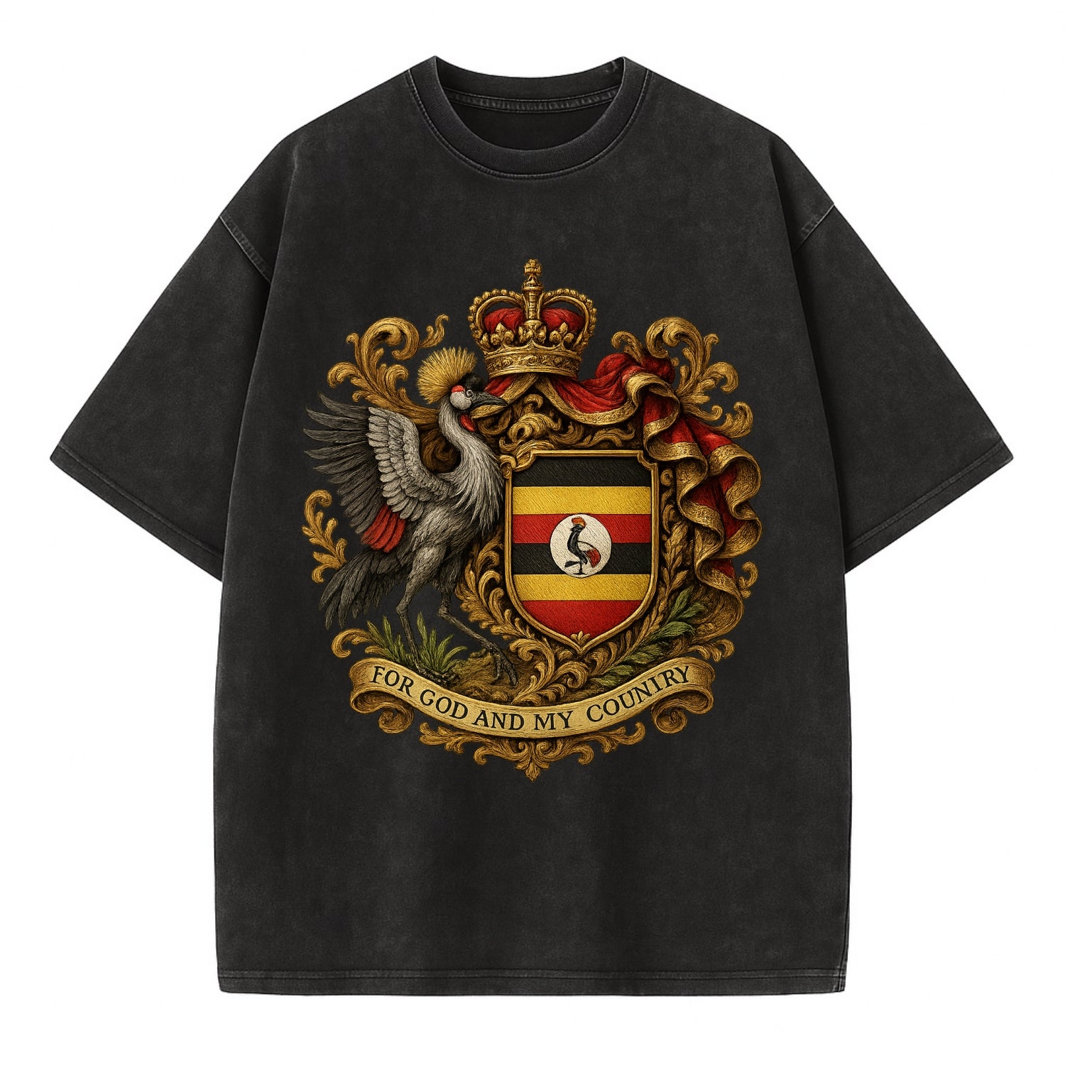 Uganda Crested Crane Emblem  - Vintage T-shirt - Black