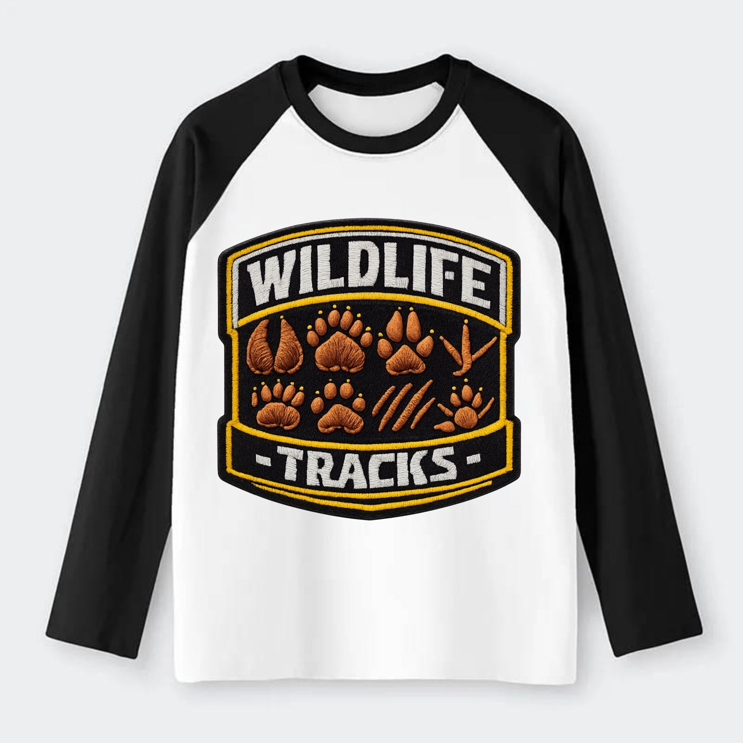 WILDLIFE TRACKS - animal footprints in brown , tracker - Raglan Long Sleeve T-Shirt - Black