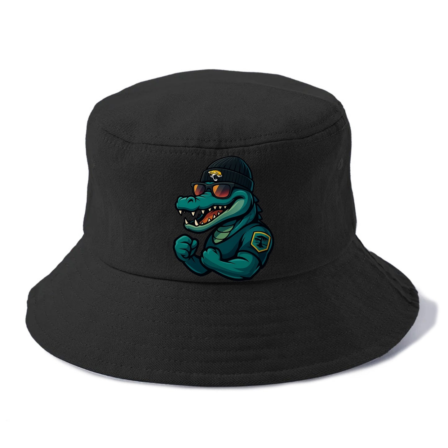 Jacksonville Alligator wearing Jaguars beanie with swamp patch and wayfarer sunglasses - Bucket Hat - Black