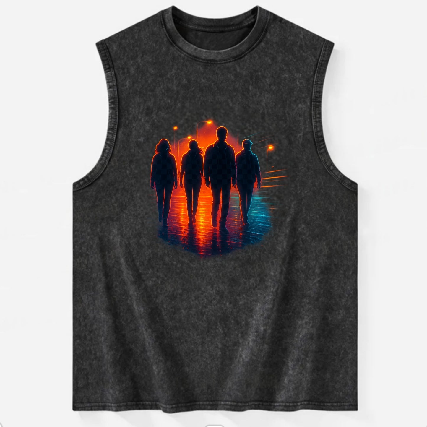 gang of silhouettes walking together at sunset by the beach - Vintage Washed Tank - Black
