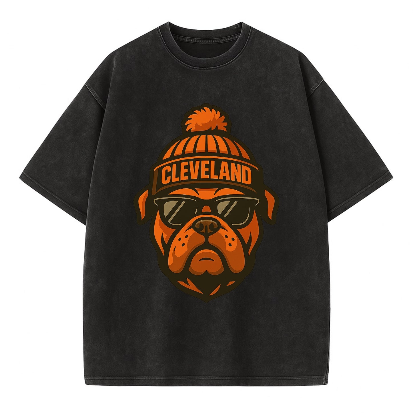 Cleveland Bulldog wearing Browns orange and brown beanie with pom pom and - Vintage T-shirt - Black