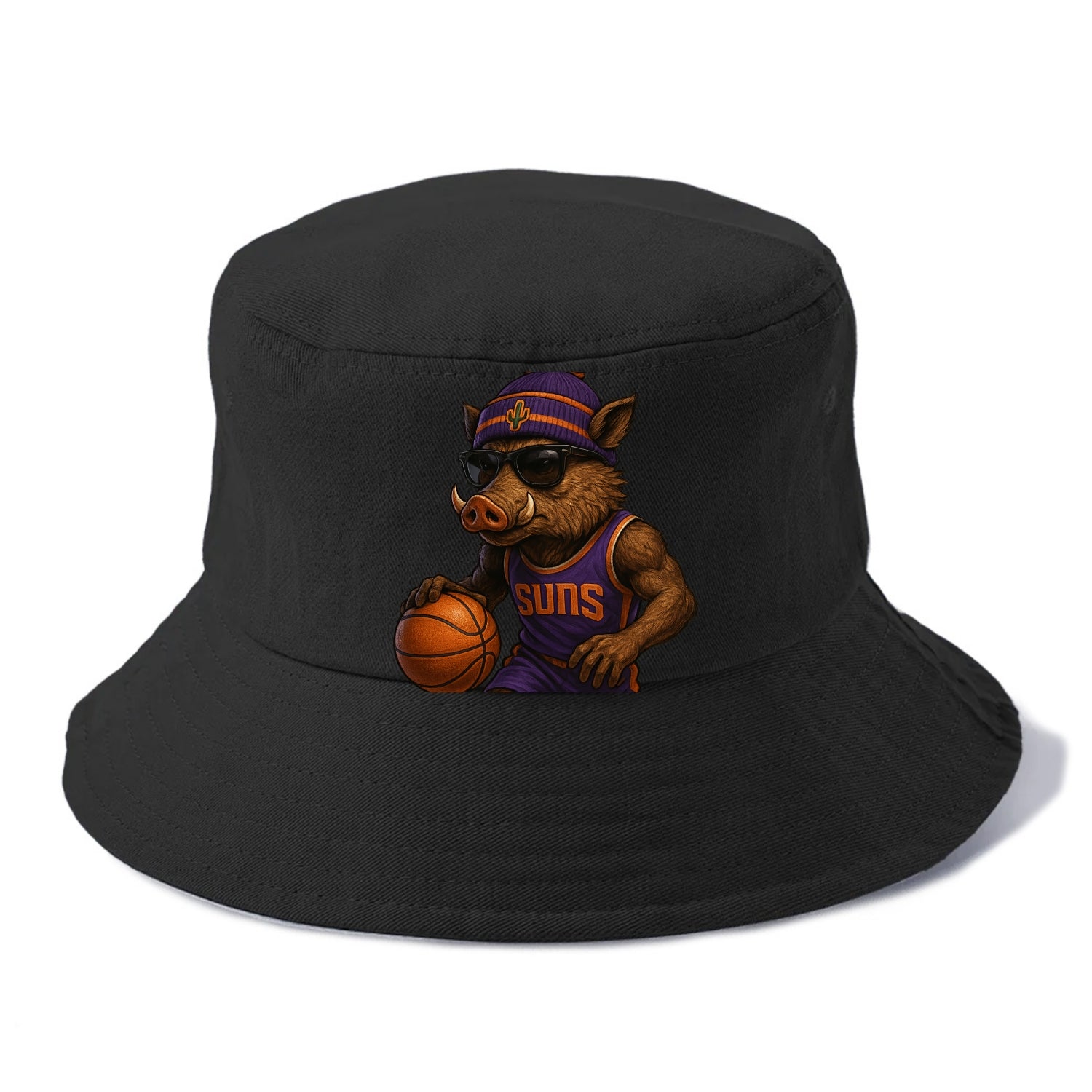 Phoenix Javelina wearing Suns beanie with cactus patch and wayfarer sunglasses - Bucket Hat - Black