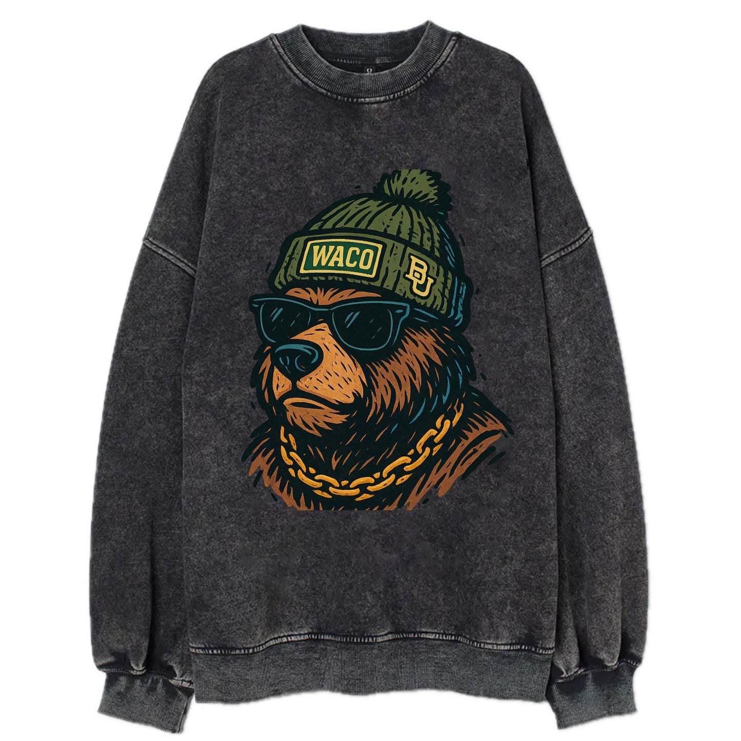 Waco Bear wearing Baylor beanie with BU patch - Vintage Sweatshirt - Black