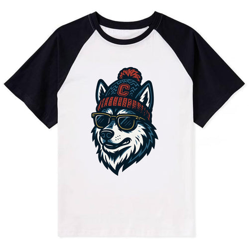 Storrs Husky wearing UConn beanie with C patch - Contrast Raglan T-shirt