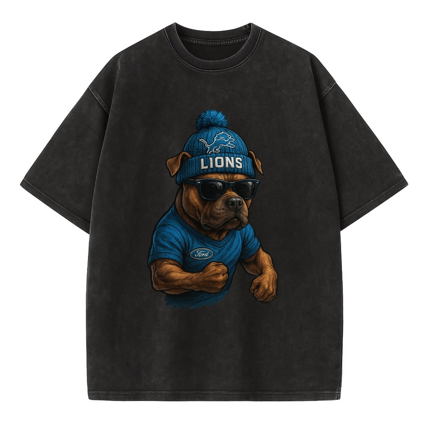 Detroit Pitbull wearing Lions beanie with auto patch and wayfarer sunglasses - Vintage T-shirt - Black