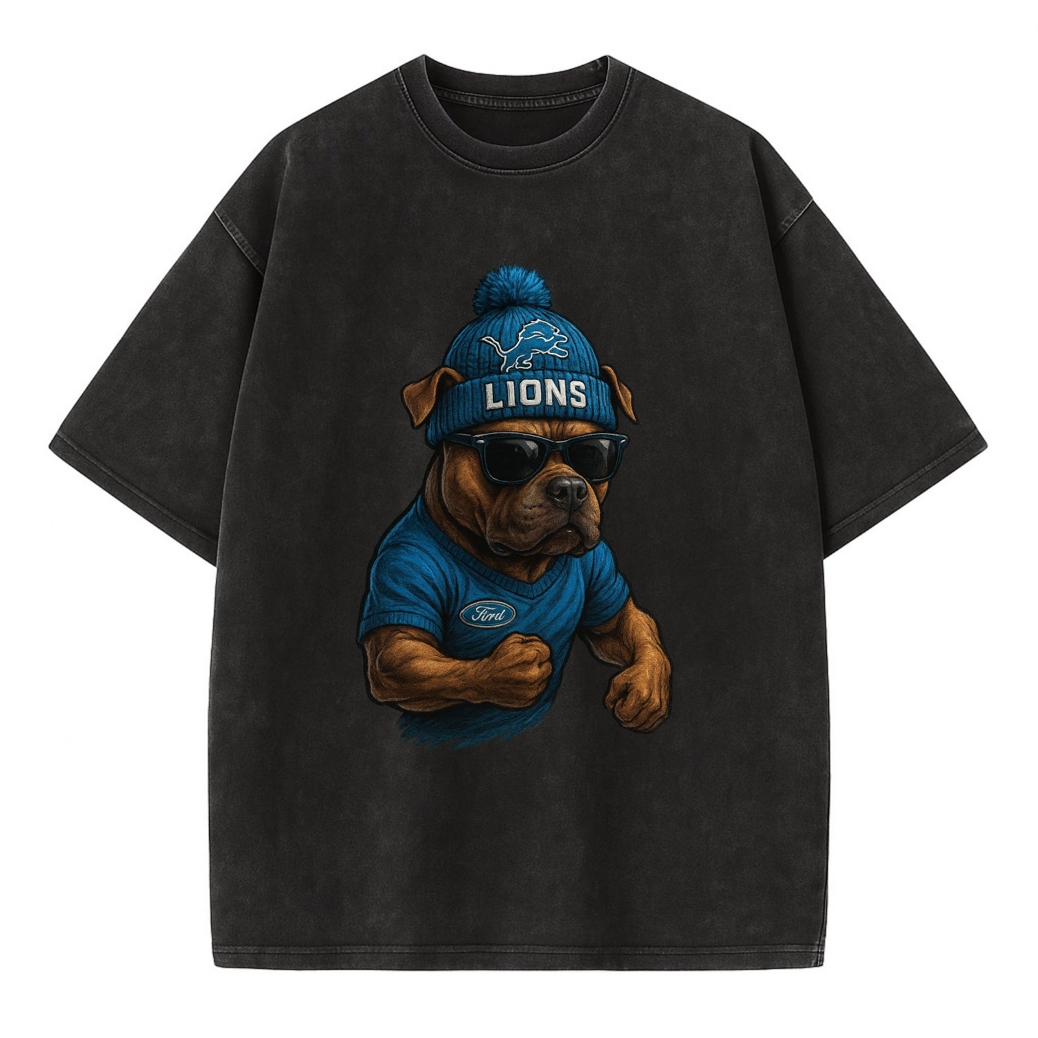 Detroit Pitbull wearing Lions beanie with auto patch and wayfarer sunglasses - Vintage T-shirt - Black