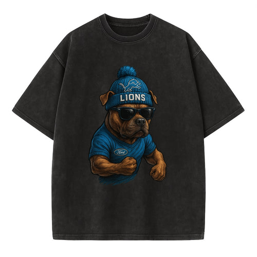 Detroit Pitbull wearing Lions beanie with auto patch and wayfarer sunglasses - Vintage T-shirt