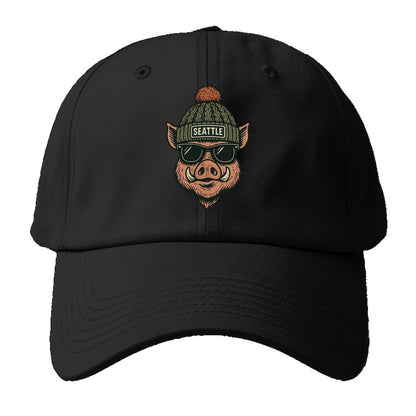 Washington Hog wearing Seattle beanie with pom pom and wayfarer - Baseball Cap For Big Heads - Black