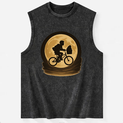 boy with bicycle flying across full moon with silhouette - Vintage Washed Tank - Black