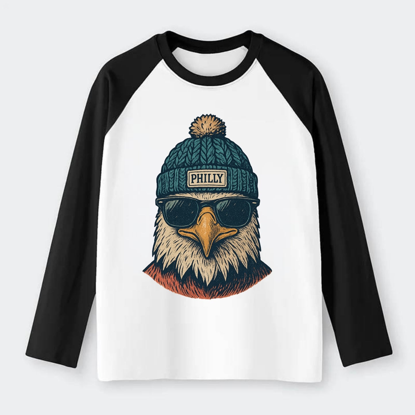 Philadelphia Eagle wearing Philly beanie with pom pom and wayfarer - Raglan Long Sleeve T-Shirt - Black