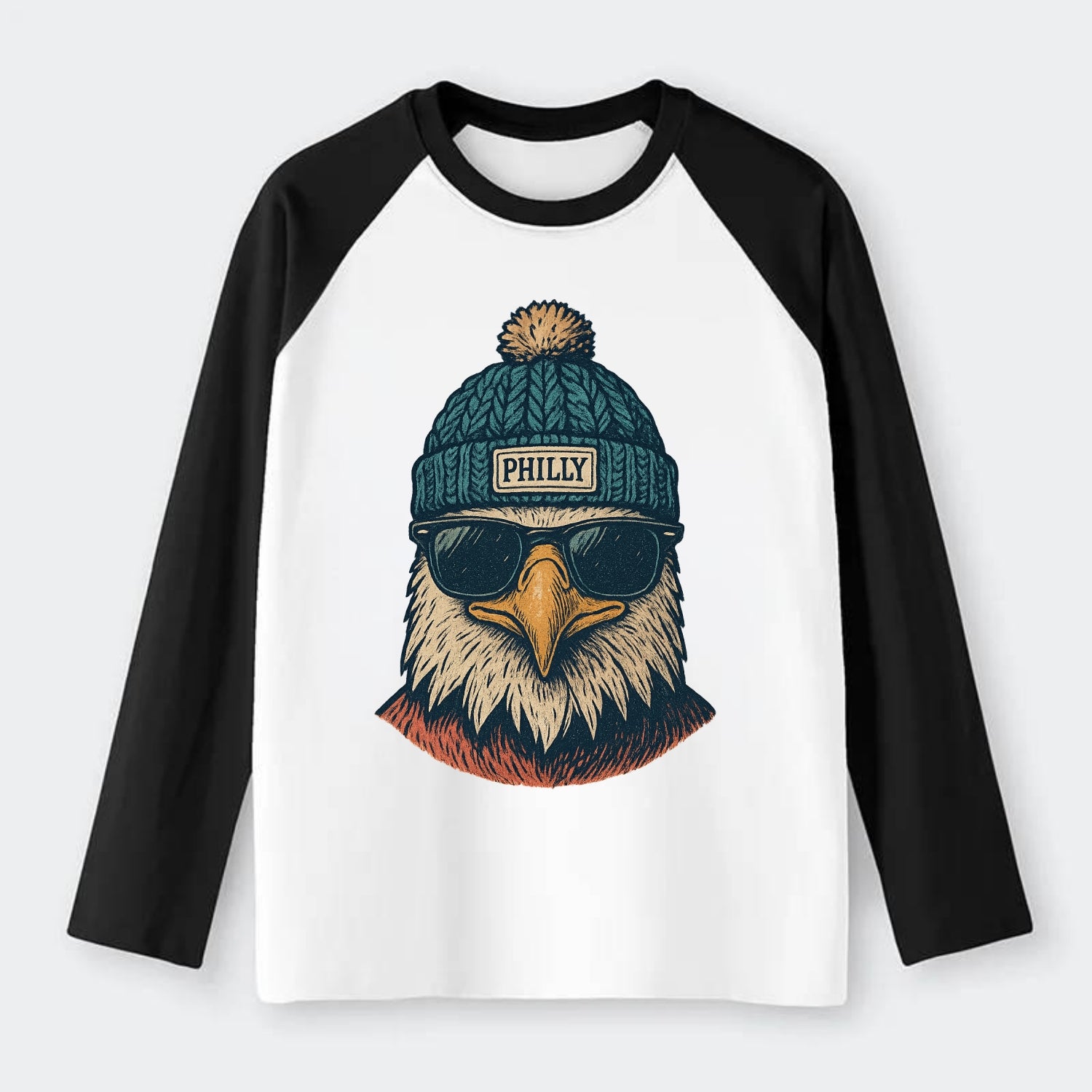 Philadelphia Eagle wearing Philly beanie with pom pom and wayfarer - Raglan Long Sleeve T-Shirt - Black