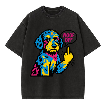 Aussiedoodle with merle patches and curly coat, playful smart paw raised - Vintage T-shirt - Black