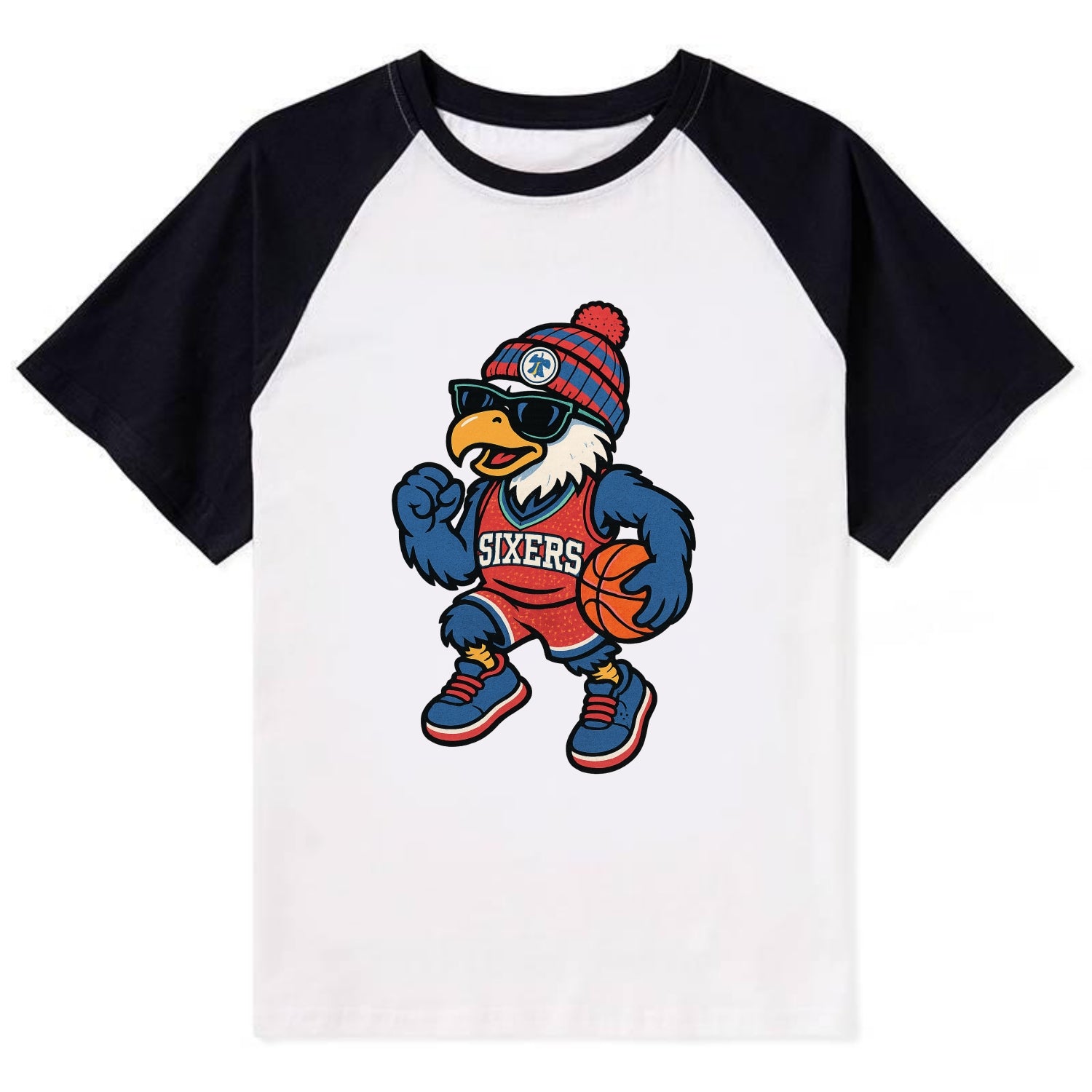 Philadelphia Eagle wearing 76ers red white and blue beanie with bell - Contrast Raglan T-shirt - Black