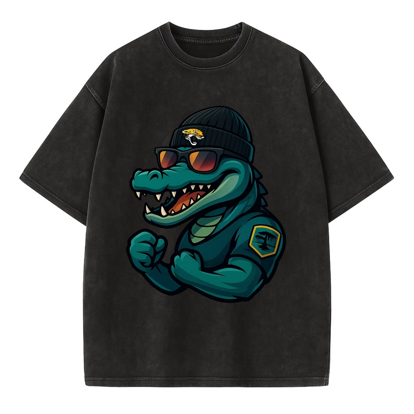 Jacksonville Alligator wearing Jaguars beanie with swamp patch and wayfarer - Vintage T-shirt - Black