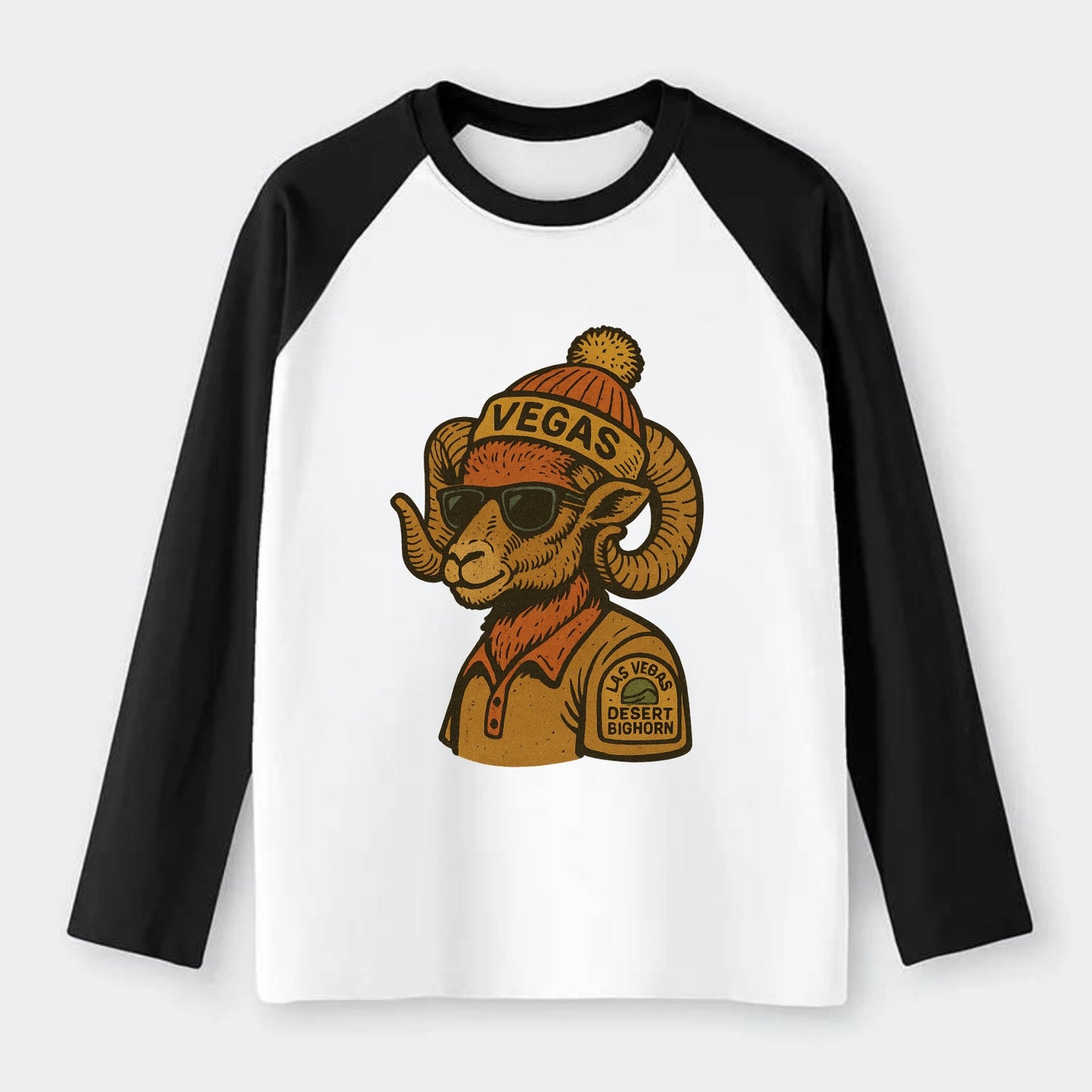 Las Vegas Desert Bighorn wearing Vegas beanie with pom pom and - Raglan Long Sleeve T-Shirt - Black