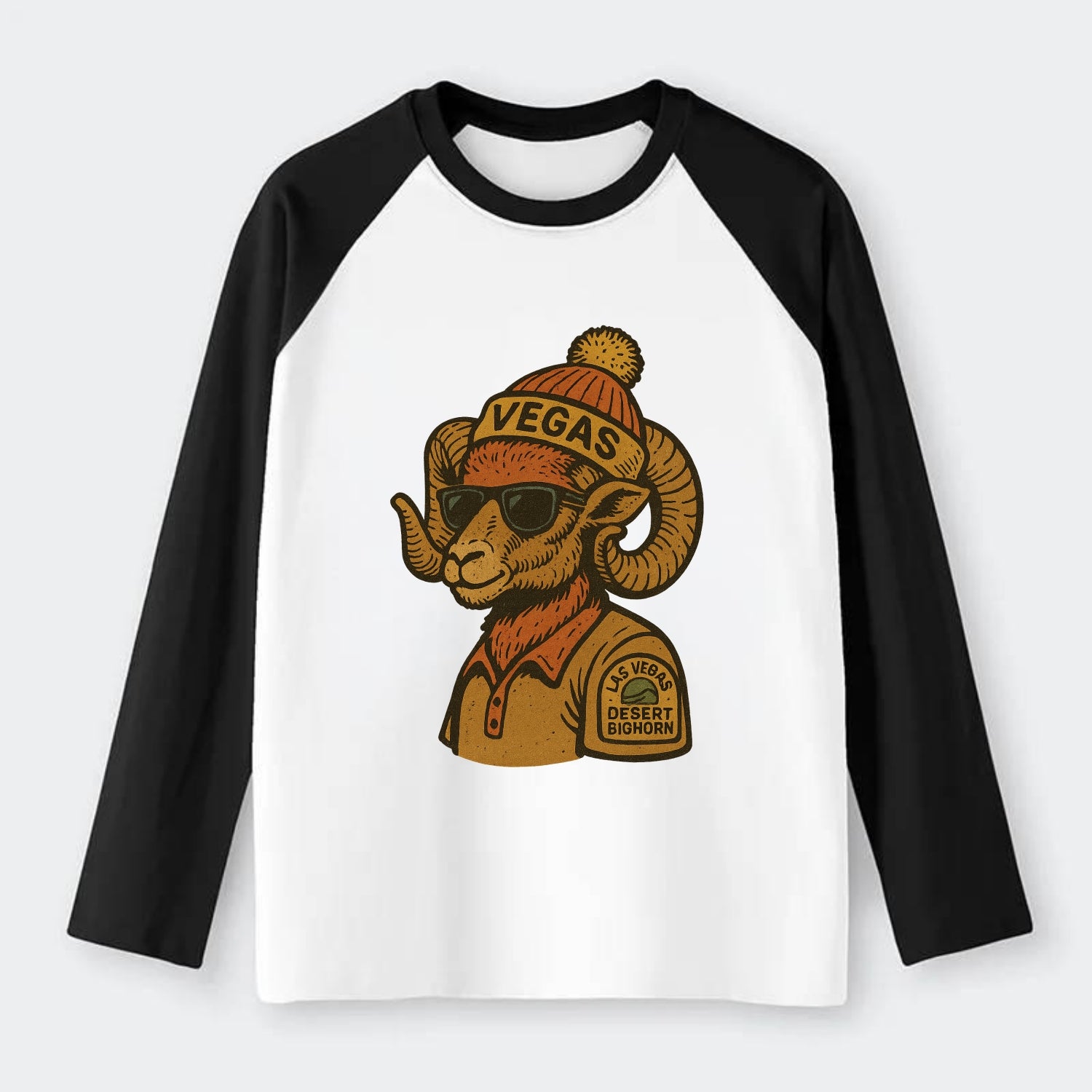 Las Vegas Desert Bighorn wearing Vegas beanie with pom pom and - Raglan Long Sleeve T-Shirt - Black