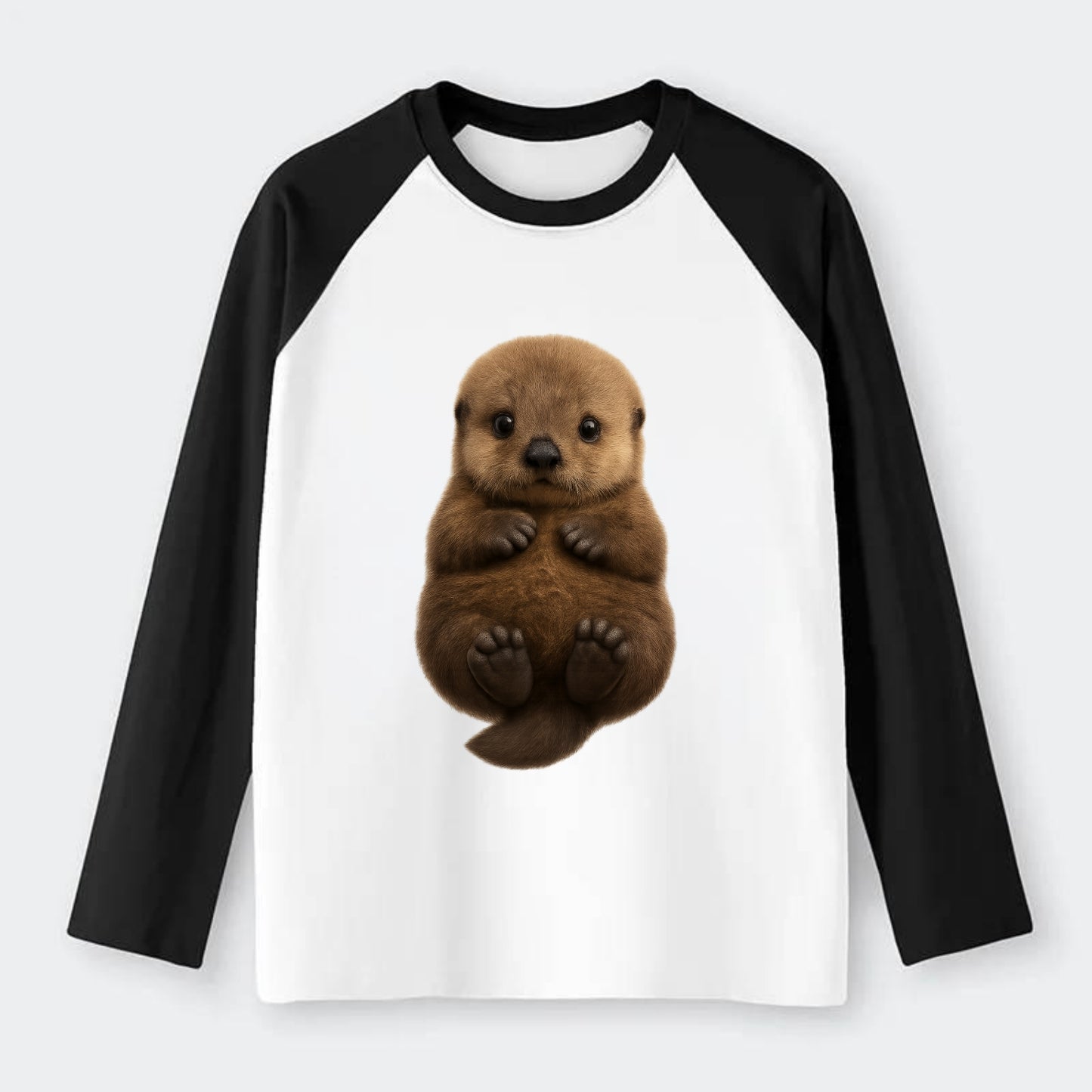 Baby Sea Otter - brown fluffy, floating on back, tiny paws, bright - Raglan Long Sleeve T-Shirt - Black