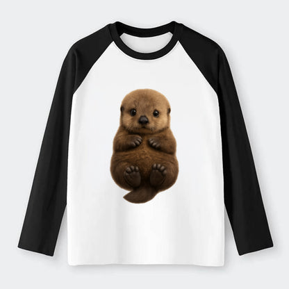 Baby Sea Otter - brown fluffy, floating on back, tiny paws, bright - Raglan Long Sleeve T-Shirt - Black