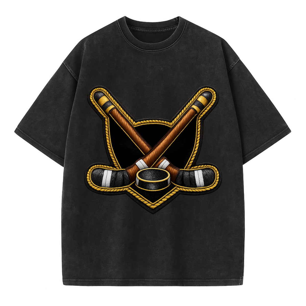 Embroidered patch design - HOCKEY CROSSED STICKS - ice hockey sticks with puck in - Vintage T-shirt - Black