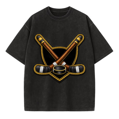 Embroidered patch design - HOCKEY CROSSED STICKS - ice hockey sticks with puck in - Vintage T-shirt - Black