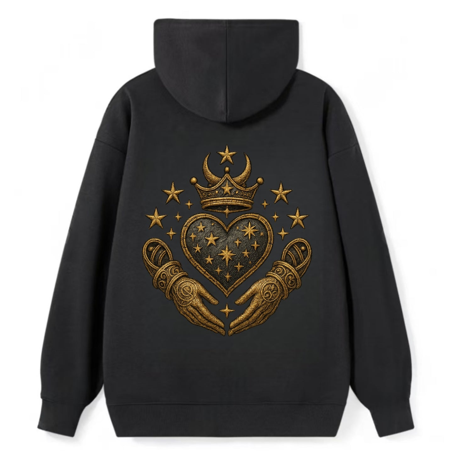 Weathered antique brass crown above a hammered gunmetal heart framed by - Classic Pullover Hoodie - Black