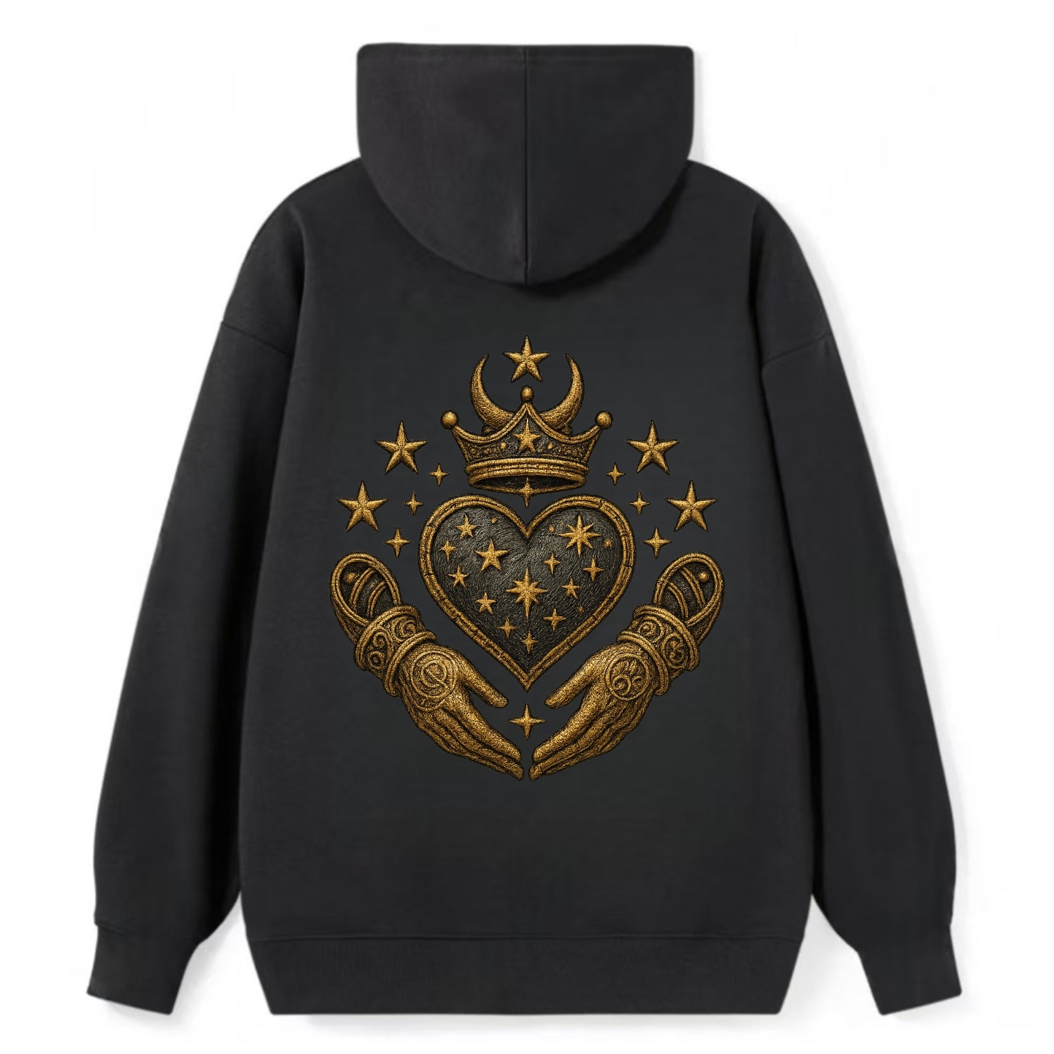 Weathered antique brass crown above a hammered gunmetal heart framed by - Classic Pullover Hoodie - Black