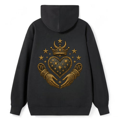 Weathered antique brass crown above a hammered gunmetal heart framed by - Classic Pullover Hoodie - Black