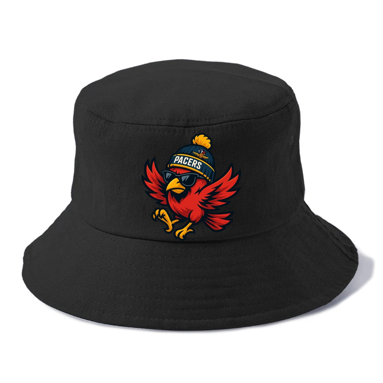 Indiana Cardinal wearing Pacers beanie with speedway patch and wayfarer sunglasses - Bucket Hat - Black