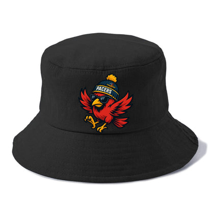 Indiana Cardinal wearing Pacers beanie with speedway patch and wayfarer sunglasses - Bucket Hat - Black