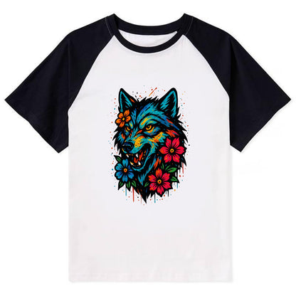 Floral Wolf Garden  - Contrast Raglan T-shirt - Black