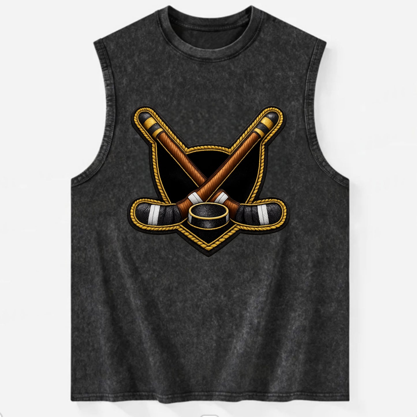 Embroidered patch design - HOCKEY CROSSED STICKS - ice hockey sticks with - Vintage Washed Tank - Black