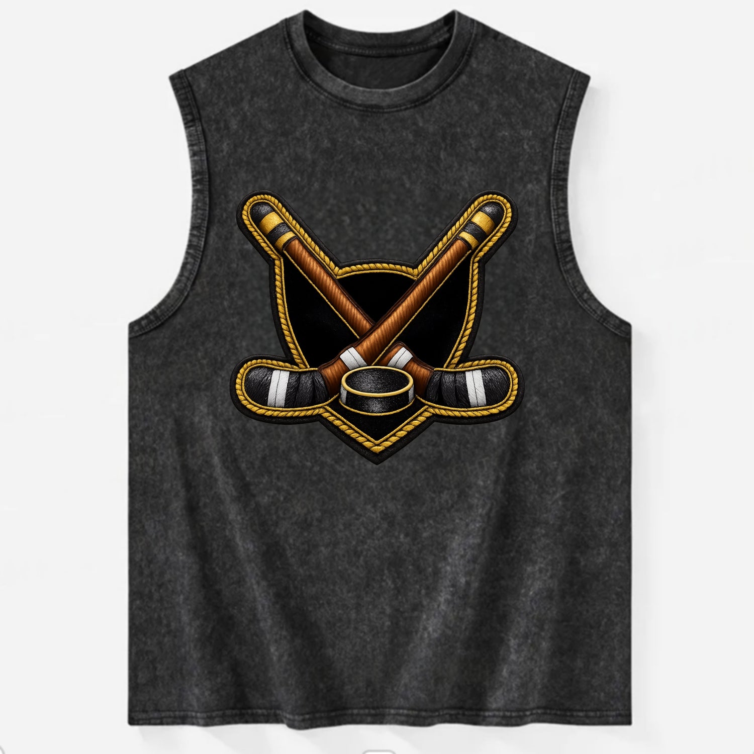 Embroidered patch design - HOCKEY CROSSED STICKS - ice hockey sticks with - Vintage Washed Tank - Black