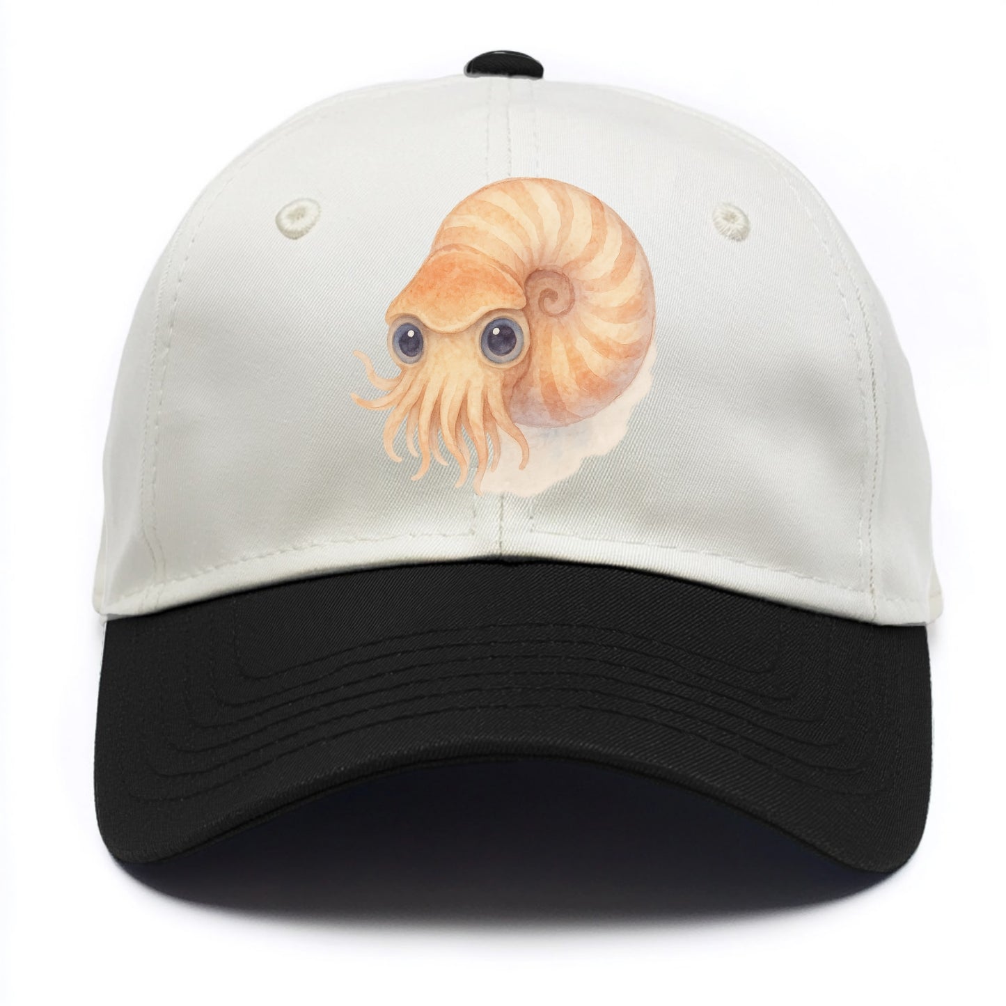 Baby Nautilus - spiral shell, tentacles peeking, ancient eyes, front-facing, living - Two Tone Cap - Black
