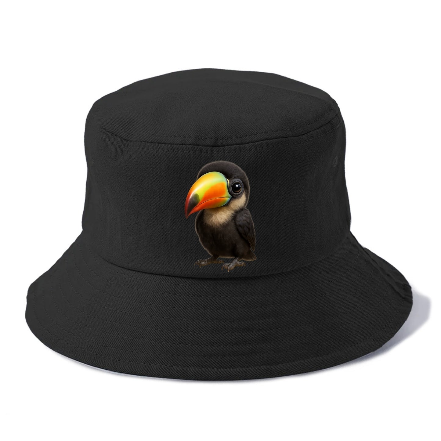 Baby Toucan - oversized colorful beak, black feathers, bright eyes, front-facing, - Bucket Hat - Black