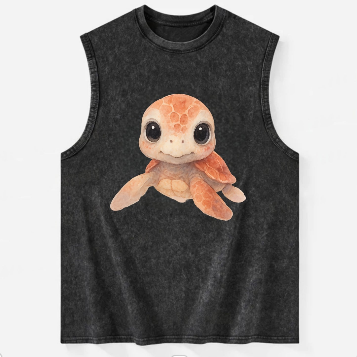 Baby Loggerhead Turtle - reddish-brown shell, big round dark eyes, chunky - Vintage Washed Tank - Black