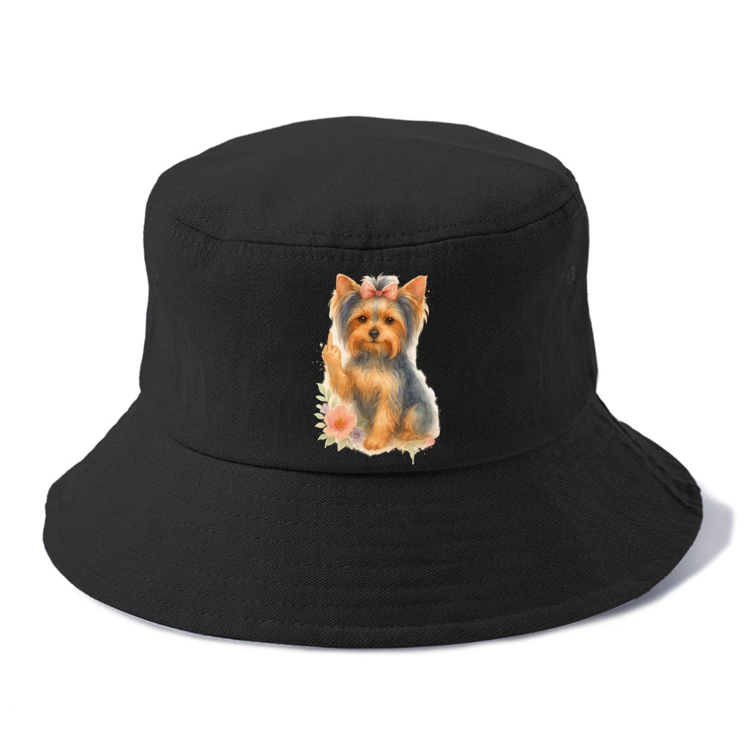 Yorkshire Terrier with topknot bow, one delicate paw flipping off - Bucket Hat - Black