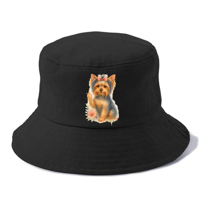 Yorkshire Terrier with topknot bow, one delicate paw flipping off - Bucket Hat - Black