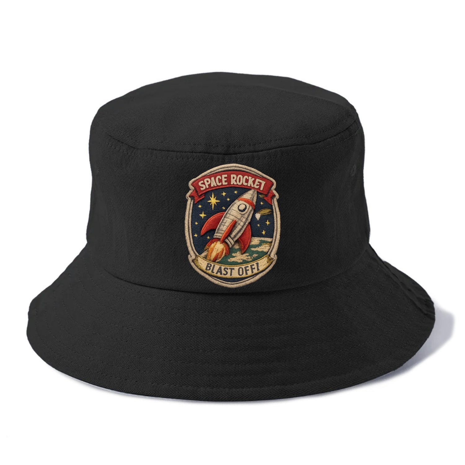 RETRO ROCKET - 1950s space rocket in silver and red , atomic age - Bucket Hat - Black