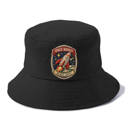RETRO ROCKET - 1950s space rocket in silver and red , atomic age - Bucket Hat - Black