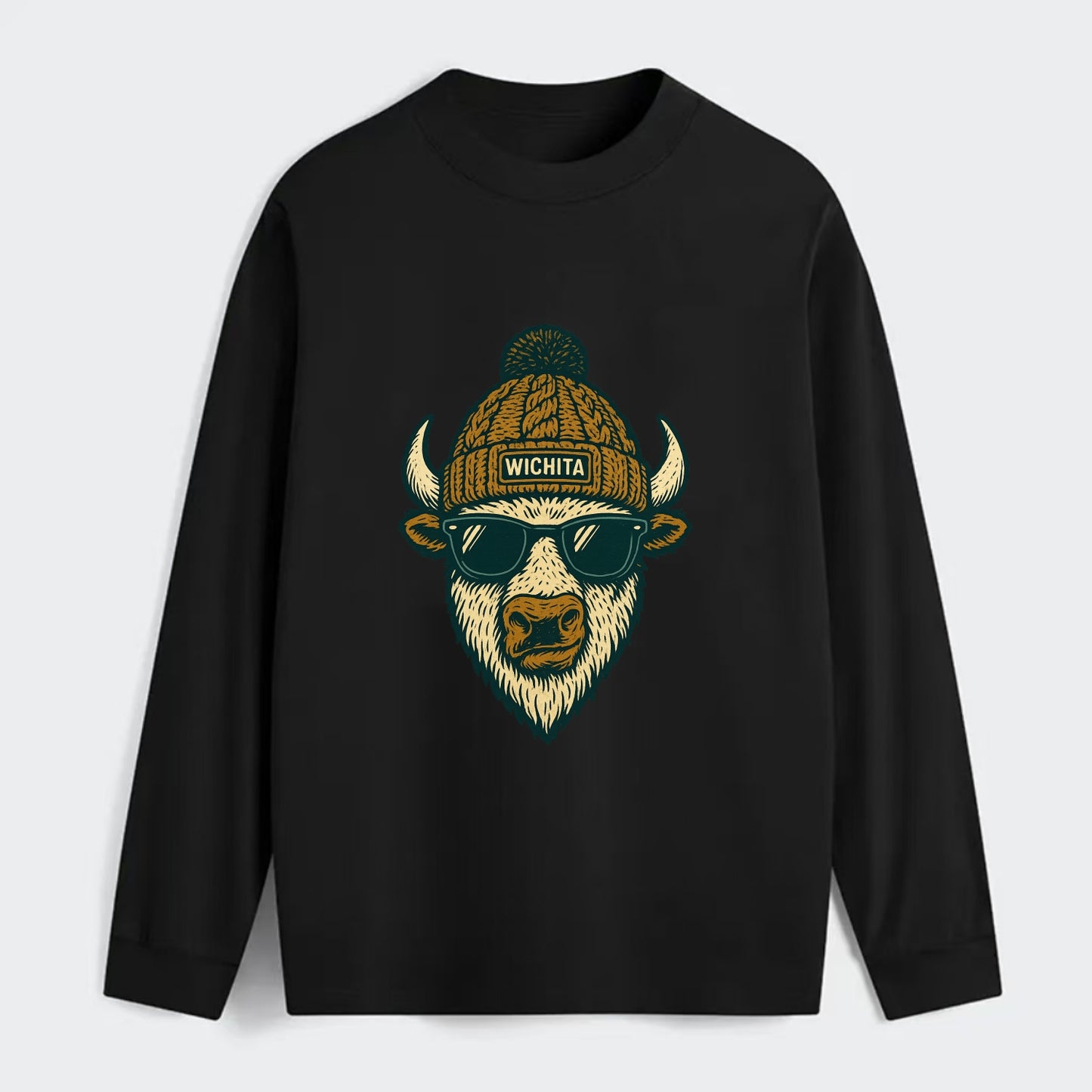 Kansas American Bison wearing Wichita beanie with pom pom and wayfarer - Classic Long Sleeve Shirt - Black